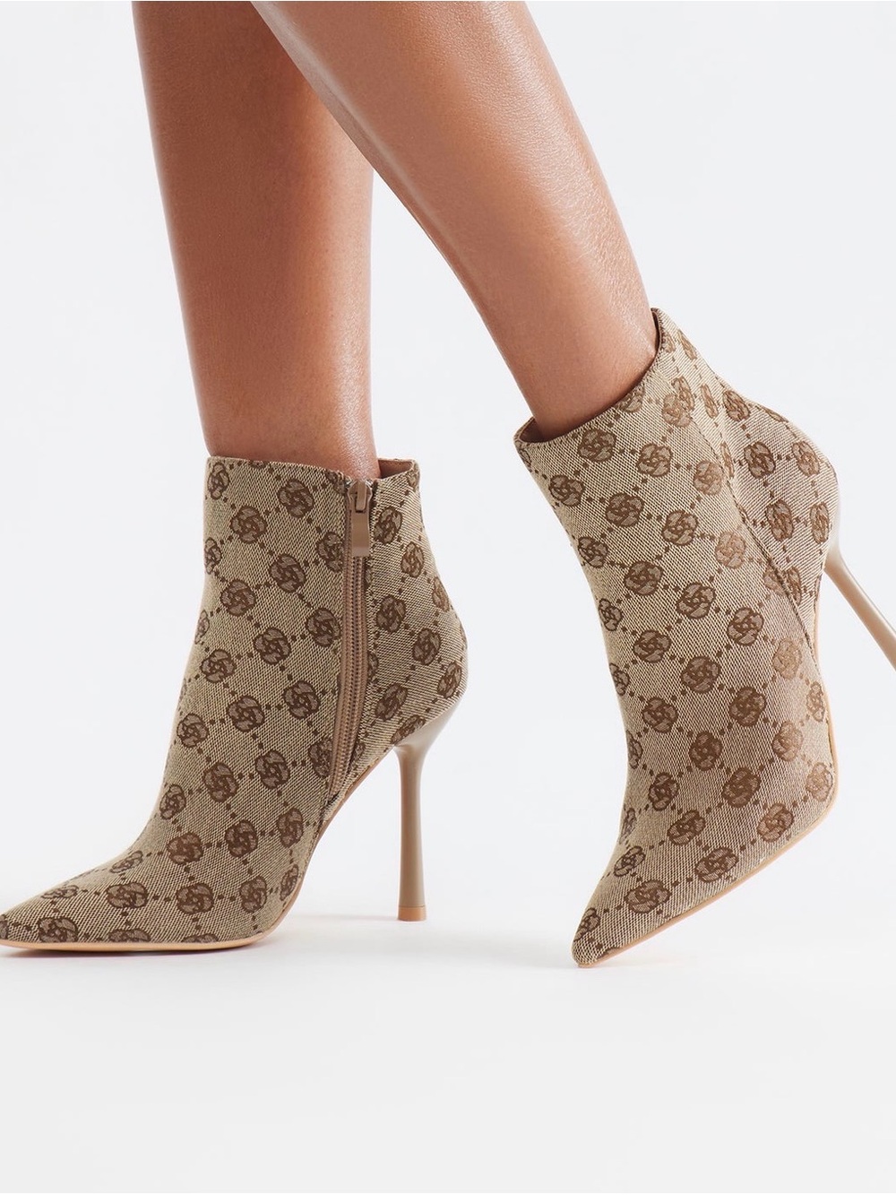 Norie Stiletto Monogram Pointed Toe Ankle Boots in Beige